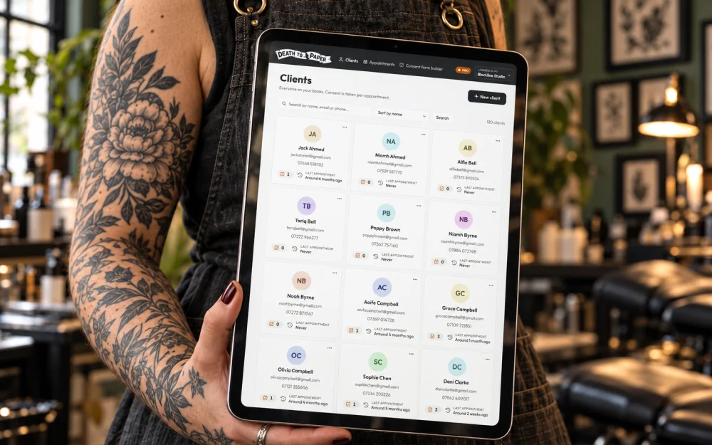 The client list, showing when each was last in and whether their consent is valid
