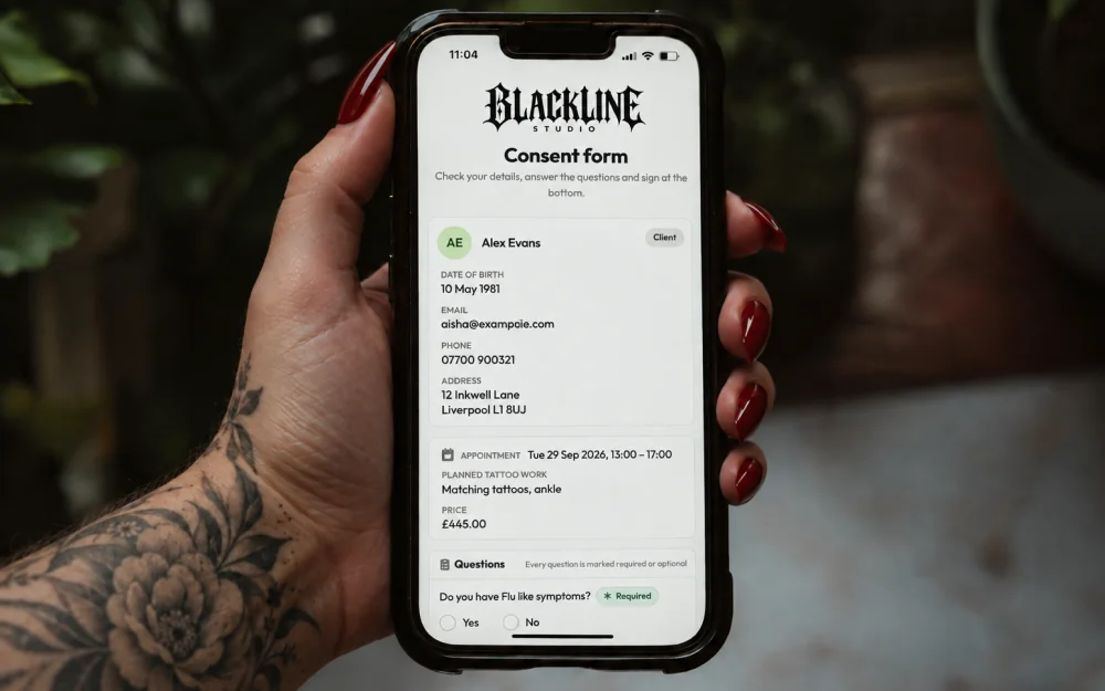 A consent form open on a client's phone, in their hand